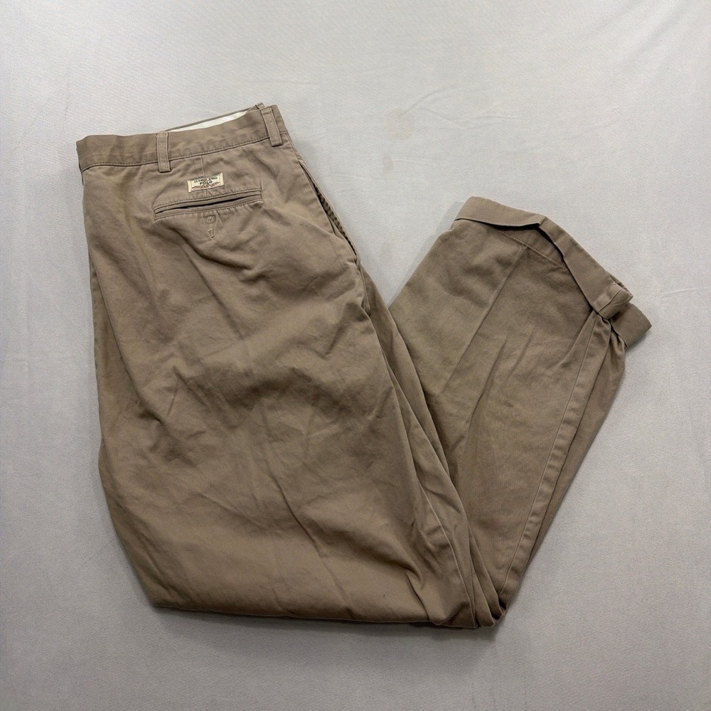 Vintage Polo Ralph Lauren Hammond Pant Pleated Cuffed Chino Khaki Tan Mens 42/30